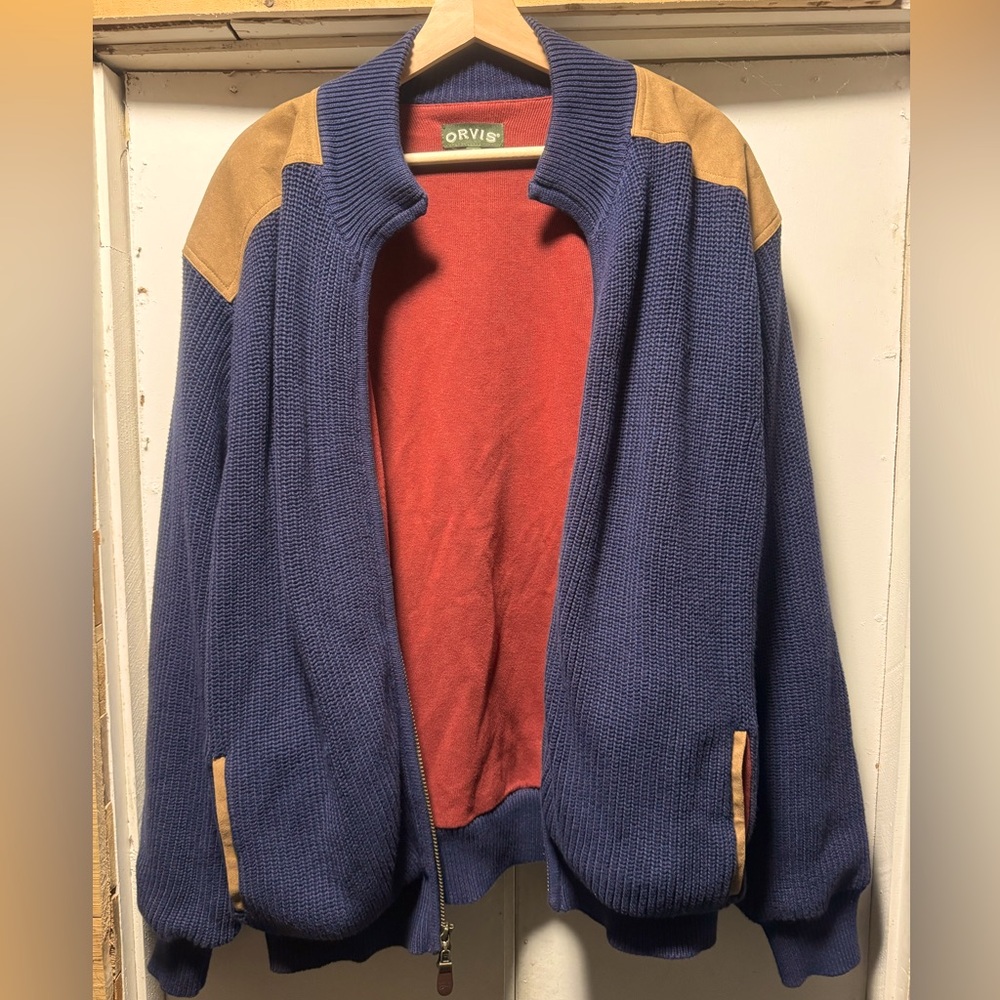 Orvis Lined Sweater Jacket Leather Trim size XL